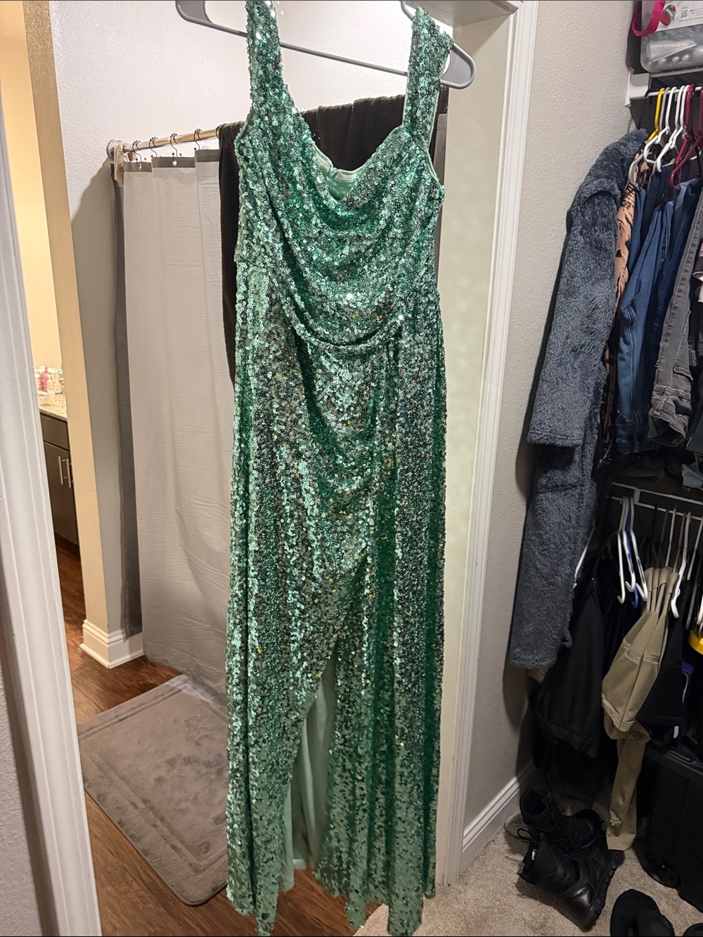 Emerald Sequin Cowl Neck Prom Gown